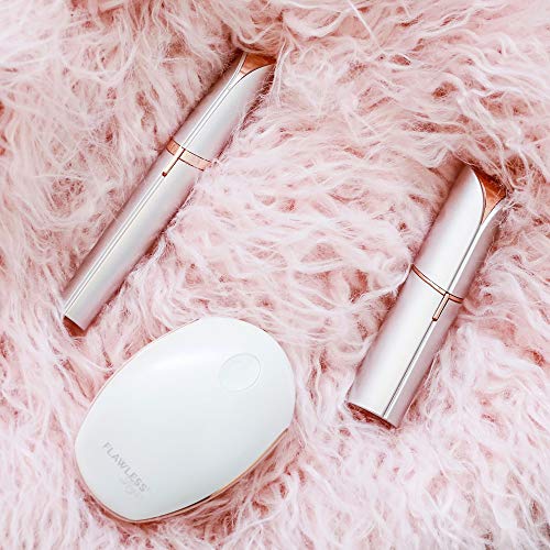 Finishing Touch Flawless facial hair remover set with white oval case and two slim metallic rose-gold grooming devices