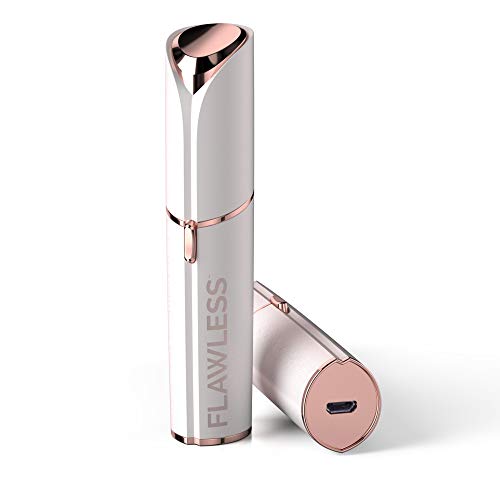 Finishing Touch Flawless facial hair remover in white with rose gold trim, sleek rechargeable design and USB port