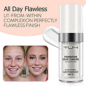 Flawless Colour Changing Concealer shown as a white pump bottle and box, with complexion comparison photos and warm-toned models