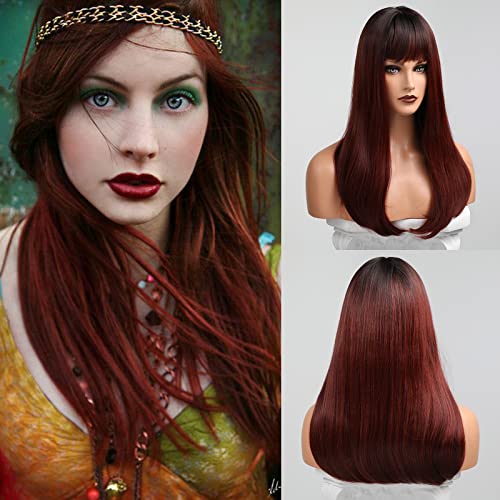 HAIRCUBE 20 Inch Nature Straight Ombre Wigs with long, straight auburn-brown synthetic hair, blunt bangs and darker roots