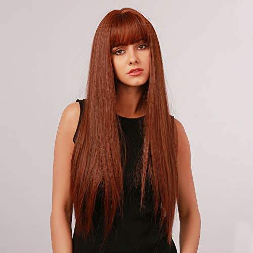 HAIRCUBE 20 Inch Nature Straight Ombre Wigs, long straight auburn-brown synthetic hair with blunt bangs