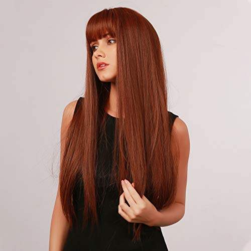 HAIRCUBE 20 Inch Nature Straight Ombre Wigs with long, sleek auburn-brown synthetic hair, blunt bangs and dark roots