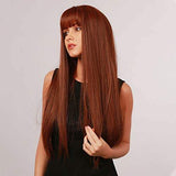 HAIRCUBE 20 Inch Nature Straight Ombre Wigs with long, sleek auburn-brown synthetic hair, blunt bangs and dark roots