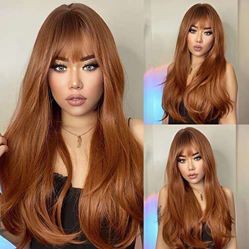 HAIRCUBE 20 Inch Nature Straight Ombre Wigs with long, smooth auburn-brown synthetic hair, darker roots, and full bangs