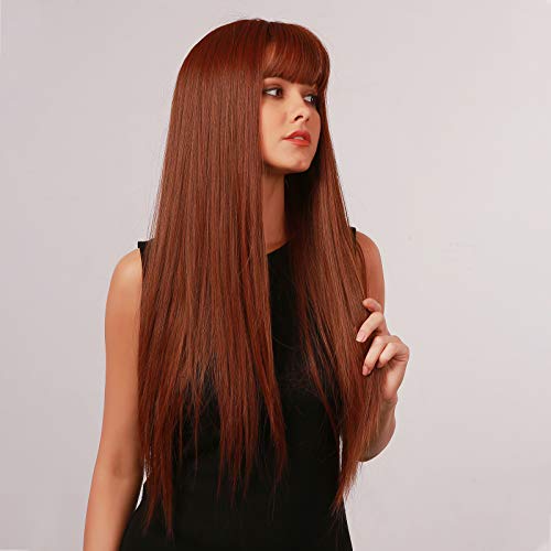 HAIRCUBE 20 Inch Nature Straight Ombre Wigs with long, sleek auburn-brown synthetic hair and full blunt bangs