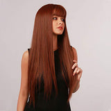 HAIRCUBE 20 Inch Nature Straight Ombre Wigs with long, sleek auburn-brown synthetic hair and full blunt bangs