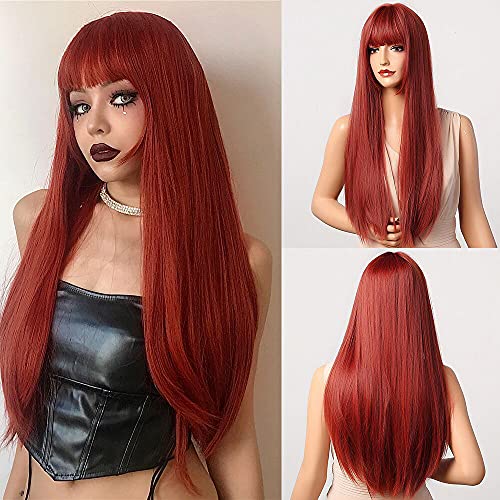 HAIRCUBE 20 Inch Nature Straight Ombre Wigs with long, sleek auburn-red synthetic hair, blunt bangs and subtle dark roots