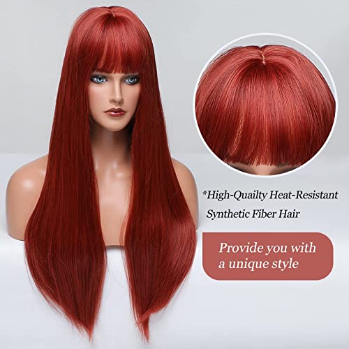 HAIRCUBE 20 Inch Nature Straight Ombre Wigs in long, sleek auburn-red synthetic fibers with blunt bangs and a center part