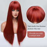 HAIRCUBE 20 Inch Nature Straight Ombre Wigs in long, sleek auburn-red synthetic fibers with blunt bangs and a center part
