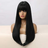 HAIRCUBE 20 Inch Nature Straight Ombre Wigs with long, sleek black synthetic hair, blunt bangs and subtle brown ends