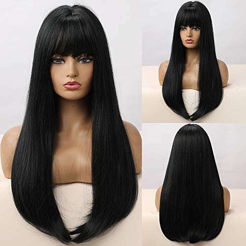 HAIRCUBE 20 Inch Nature Straight Ombre Wigs in long, sleek black synthetic hair with full blunt bangs and subtle brown ends