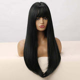 HAIRCUBE 20 Inch Nature Straight Ombre Wigs with long, glossy black synthetic hair, blunt bangs, and subtle brown-toned ends