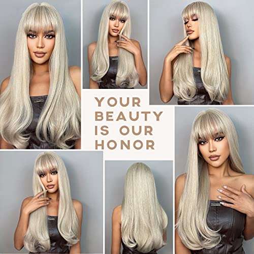 HAIRCUBE 20 Inch Nature Straight Ombre Wigs with long, pale blonde synthetic hair, blunt bangs and softly curled ends