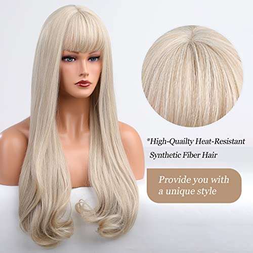 HAIRCUBE 20 Inch Nature Straight Ombre Wigs in long, pale blonde synthetic fibers with blunt bangs and softly curled ends