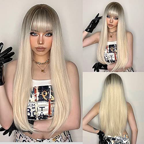 HAIRCUBE 20 Inch Nature Straight Ombre Wigs with long, sleek blonde hair, dark roots, and full blunt bangs