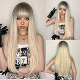 HAIRCUBE 20 Inch Nature Straight Ombre Wigs with long, sleek blonde hair, dark roots, and full blunt bangs