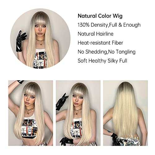 HAIRCUBE 20 Inch Nature Straight Ombre Wigs with long, sleek blonde hair, dark roots, blunt bangs, and synthetic fibers