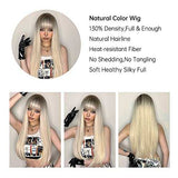 HAIRCUBE 20 Inch Nature Straight Ombre Wigs with long, sleek blonde hair, dark roots, blunt bangs, and synthetic fibers