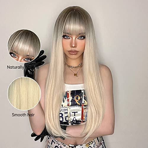 HAIRCUBE 20 Inch Nature Straight Ombre Wigs in long straight blonde hair with dark roots, blunt bangs and smooth synthetic fibers