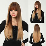 HAIRCUBE 20 Inch Nature Straight Ombre Wigs with brown roots fading to long blonde ends, blunt bangs and sleek synthetic strands