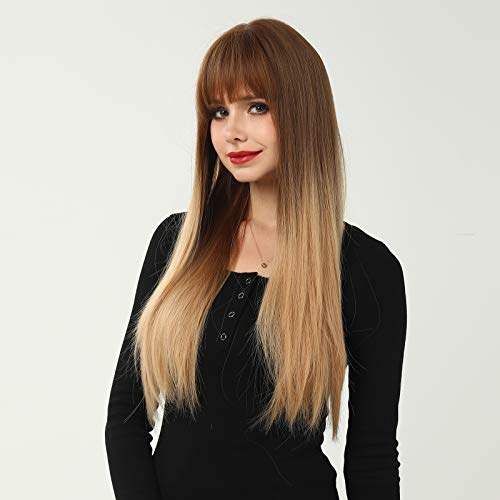 HAIRCUBE 20 Inch Nature Straight Ombre Wigs feature long, straight synthetic hair with dark brown roots blending into honey-blonde ends and bangs.