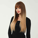 HAIRCUBE 20 Inch Nature Straight Ombre Wigs feature long, straight synthetic hair with dark brown roots blending into honey-blonde ends and bangs.