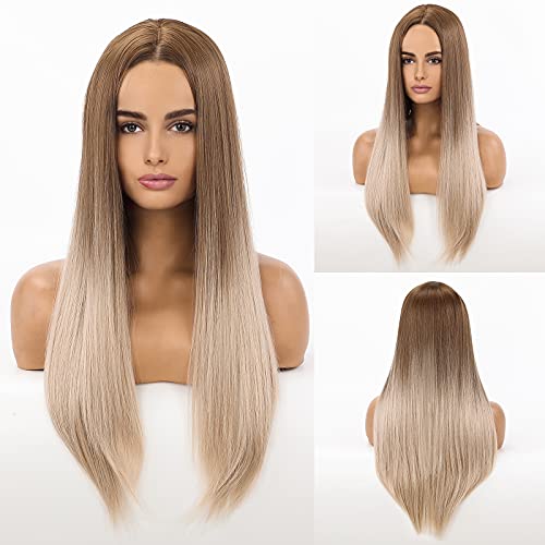 HAIRCUBE 20 Inch Nature Straight Ombre Wigs with sleek, long brown-to-blonde hair and a center part