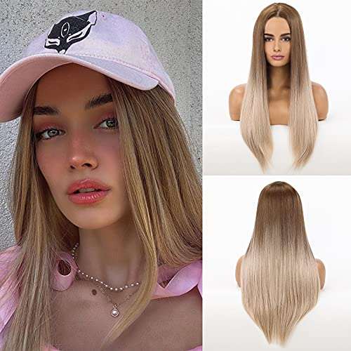 HAIRCUBE 20 Inch Nature Straight Ombre Wigs with long, sleek synthetic hair fading from brown roots to blonde ends