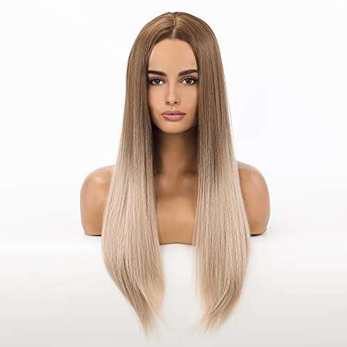 HAIRCUBE 20 Inch Nature Straight Ombre Wigs, long straight synthetic hair fading from warm brown roots to pale blonde ends