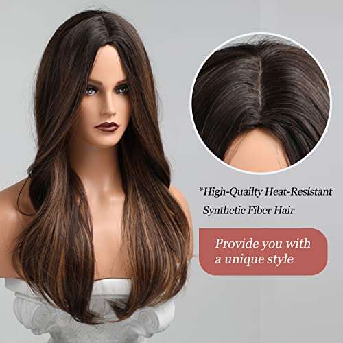 HAIRCUBE 20 Inch Nature Straight Ombre Wigs with long, smooth synthetic hair, dark brown roots fading to lighter brown ends and a center part.