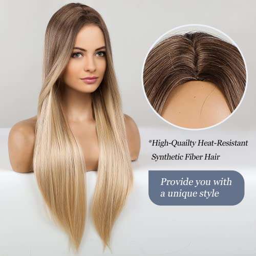 HAIRCUBE 20 Inch Nature Straight Ombre Wigs with long, sleek synthetic hair fading from brown roots to blonde ends