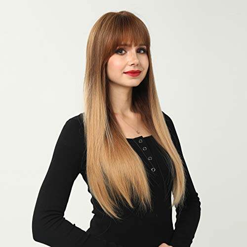 HAIRCUBE 20 Inch Nature Straight Ombre Wigs with long, straight brown hair, darker roots and full bangs
