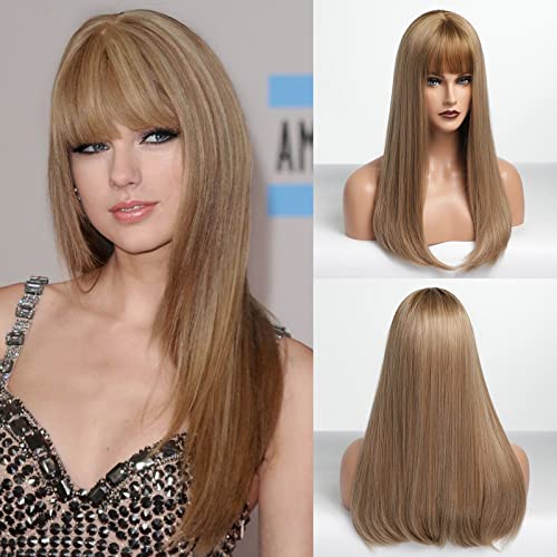 HAIRCUBE 20 Inch Nature Straight Ombre Wigs with long straight light brown synthetic hair, blunt bangs and subtle darker roots