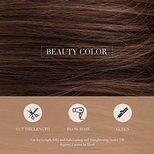 HAIRCUBE 20 Inch Nature Straight Ombre Wigs with smooth dark brown synthetic fibers and a straight texture, shown with styling icons