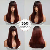 HAIRCUBE 20 Inch Nature Straight Ombre Wigs with sleek, long burgundy-brown hair, dark roots and blunt bangs