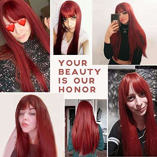 HAIRCUBE 20 Inch Nature Straight Ombre Wigs with long, straight burgundy-red synthetic hair and blunt bangs