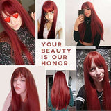 HAIRCUBE 20 Inch Nature Straight Ombre Wigs with long, straight burgundy-red synthetic hair and blunt bangs