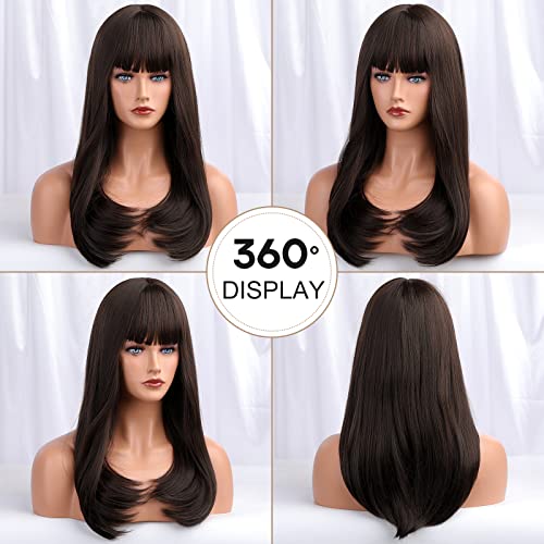 HAIRCUBE 20 Inch Nature Straight Ombre Wigs with dark brown synthetic hair, blunt bangs, and softly curled ends