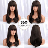 HAIRCUBE 20 Inch Nature Straight Ombre Wigs with dark brown synthetic hair, blunt bangs, and softly curled ends