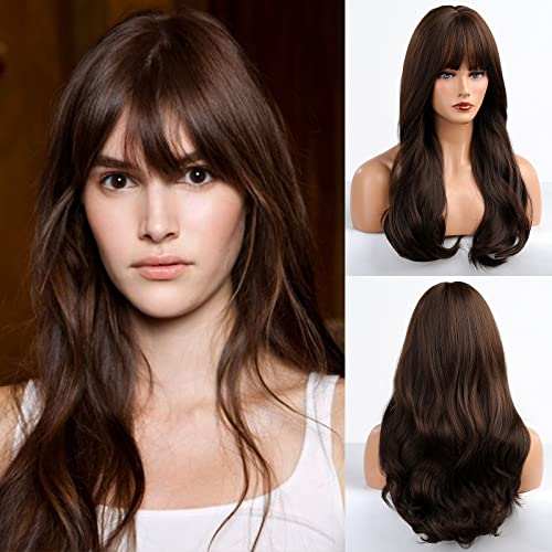 HAIRCUBE 20 Inch Nature Straight Ombre Wigs, long dark brown synthetic hair with bangs and softly waved ends