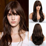 HAIRCUBE 20 Inch Nature Straight Ombre Wigs, long dark brown synthetic hair with bangs and softly waved ends