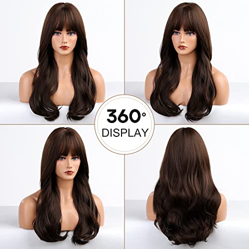 HAIRCUBE 20 Inch Nature Straight Ombre Wigs with dark brown synthetic hair, blunt bangs and softly curled ends