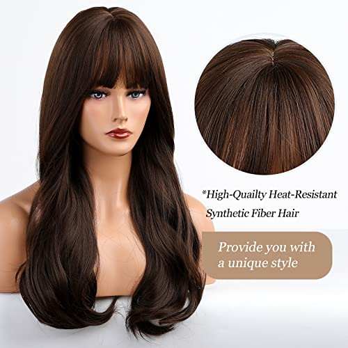 HAIRCUBE 20 Inch Nature Straight Ombre Wigs with long, sleek dark brown synthetic hair, blunt bangs and subtle lighter ends