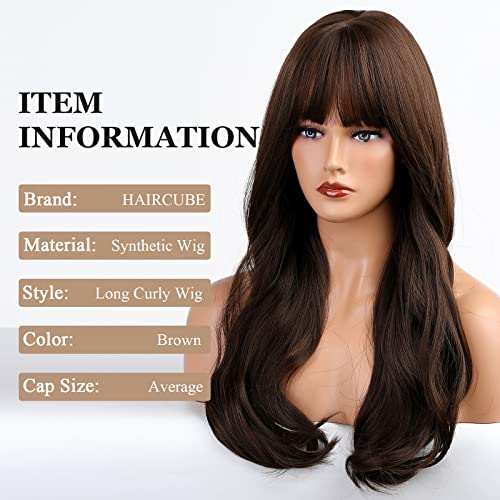 HAIRCUBE 20 Inch Nature Straight Ombre Wigs with long dark brown synthetic hair, full bangs and loose curls