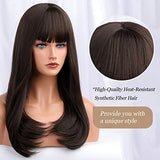HAIRCUBE 20 Inch Nature Straight Ombre Wigs with dark brown synthetic hair, straight layers and full blunt bangs