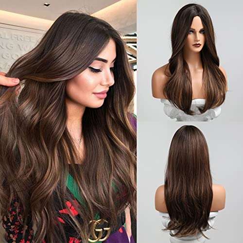 HAIRCUBE 20 Inch Nature Straight Ombre Wigs with long, smooth synthetic hair, dark roots fading into warm brown lengths