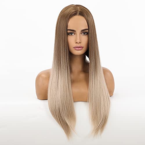 HAIRCUBE 20 Inch Nature Straight Ombre Wigs with sleek synthetic hair, dark brown roots fading to light blonde ends