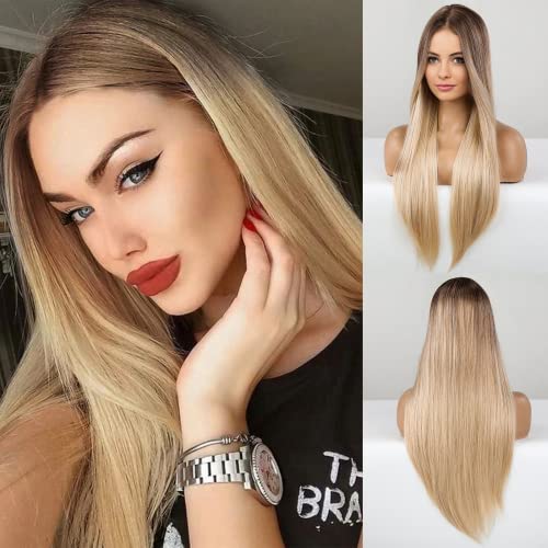 HAIRCUBE 20 Inch Nature Straight Ombre Wigs in long straight synthetic hair with dark brown roots fading to blonde ends