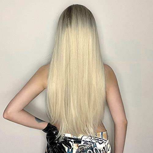 HAIRCUBE 20 Inch Nature Straight Ombre Wigs with long, sleek synthetic hair, dark roots fading into pale blonde ends