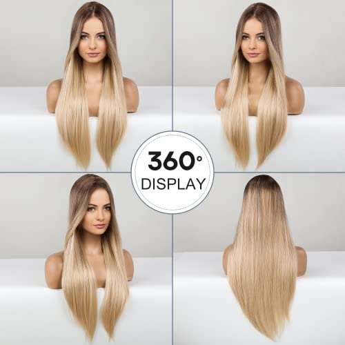 HAIRCUBE 20 Inch Nature Straight Ombre Wigs with dark brown roots fading into long, smooth blonde synthetic hair